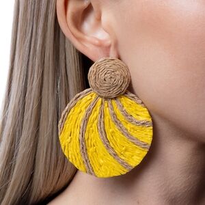 Yellow and Natural Woven Circle Drop Earrings